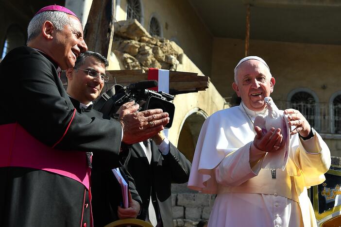 Pope Francis releases a dove during a ceremony in Mosul, Iraq in March 2021.