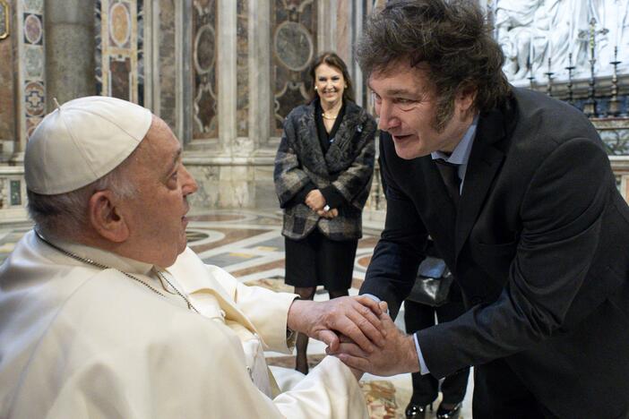 Pope Francis meets with newly elected Argentinian President Javier Milei before a Canonization Ceremony in St. Peter's Basilica on Feb. 11, 2024 in Vatican City, Vatican.