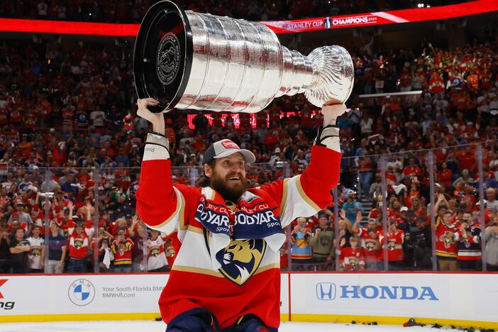 Oliver Ekman-Larsson of the Florida Panthers celebrates with the Stanley Cup following their victory over the Edmonton Oilers in Game Seven of the 2024 NHL Stanley Cup Final on June 24, 2024. The 2025 playoffs begin Saturday with hopes of an equally thrilling ending.