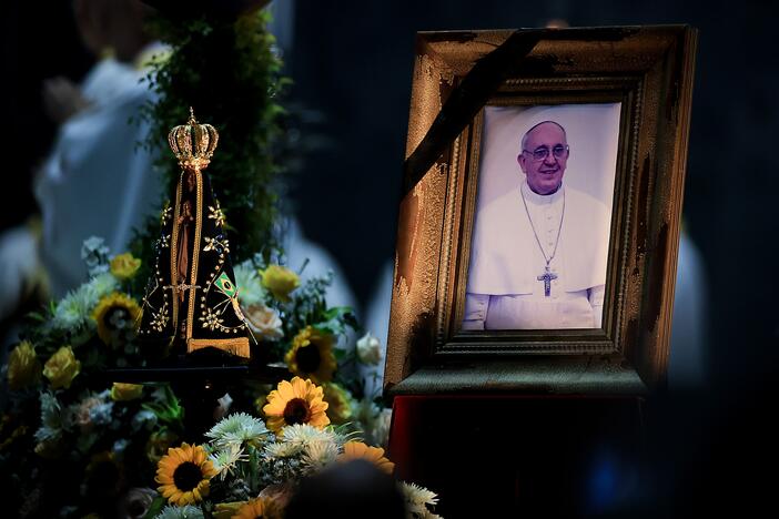 A portrait of the late Pope Francis is displayed during a mass in his honor at the Rio de Janeiro Metropolitan Cathedral Monday in Rio de Janeiro, Brazil.