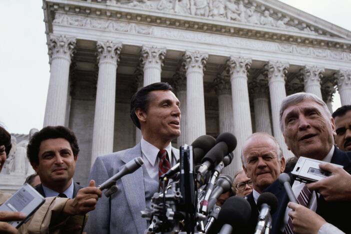 Bob Jones III, the president of Bob Jones University, speaks outside the U.S. Supreme Court in 1982. The IRS rescinded the university's tax-exempt status in the 1976.