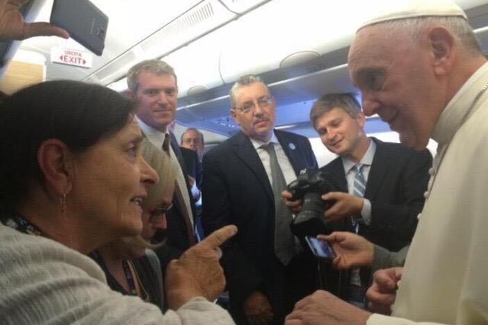 Then-NPR correspondent Sylvia Poggioli speaks with Pope Francis on a flight from Rome to Havana, on Sept. 19, 2015.