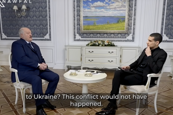 Influencer Mario Nawfal, right, interviewing Belarusian president Aleksandr Lukashenko earlier this year. Lukashenko repeated Russian talking points in the interview about Russia's invasion of Ukraine.