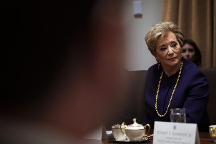 Linda McMahon, during a cabinet meeting at the White House in Washington, D.C.. The U.S. Department of Education says it will begin resuming collections of defaulted student loans on May 5.