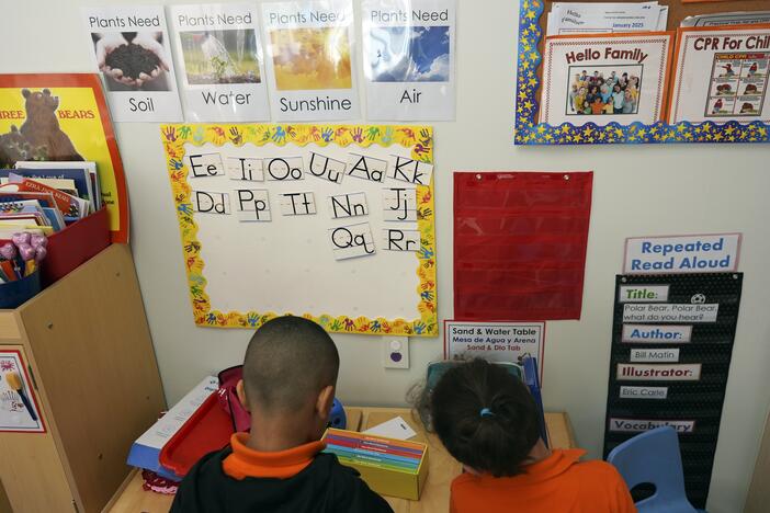 Students help put away supplies at the end of a reading and writing lesson at the Head Start program run by Easterseals, an organization that gets about a third of its funding from the federal government, on Jan. 29, in Miami.
