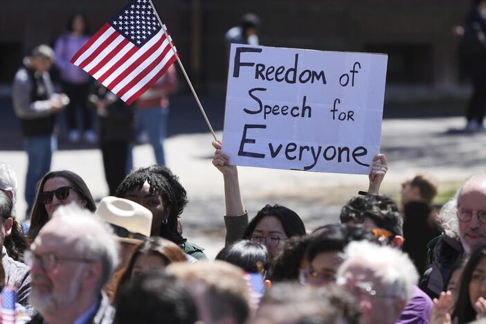 Students, faculty and members of the Harvard University community rally, Thursday, April 17, 2025, in Cambridge, Mass.