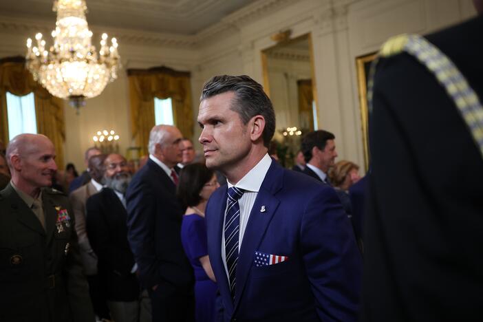 Secretary of Defense Pete Hegseth departs a presentation ceremony for the Commander-in-Chief Trophy to the U.S. Naval Academy Midshipmen football team in the East Room of the White House on April 15.