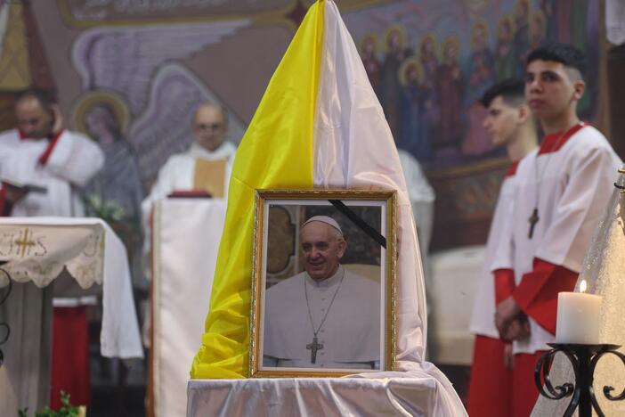 Members of the clergy celebrate Mass for the late Pope Francis at the Holy Family Church in Gaza City on Monday.
