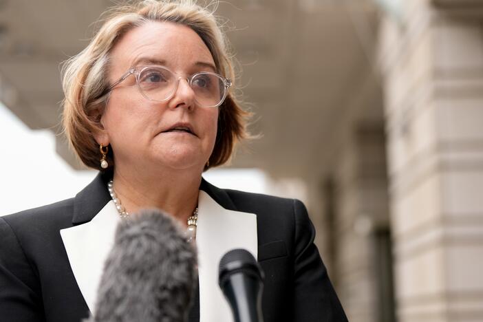 Abigail Slater, US assistant attorney general for the Antitrust Division, speaks to members of the media outside federal court in Washington, DC, US, on Monday, April 21, 2025. Google will square off against the Justice Department and dozens of state attorneys general in a Washington court room over what changes the judge will order to prevent the company from monopolizing the online search market.