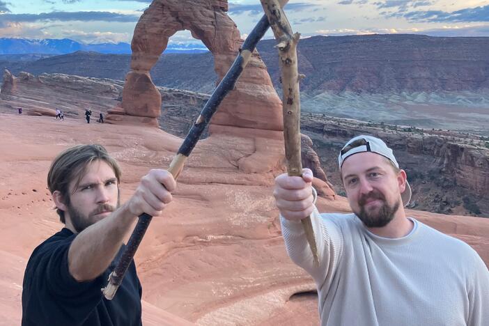 Boone Hogg (left) and Logan Jugler, who run the account @officialstickreviews, show off their sticks.