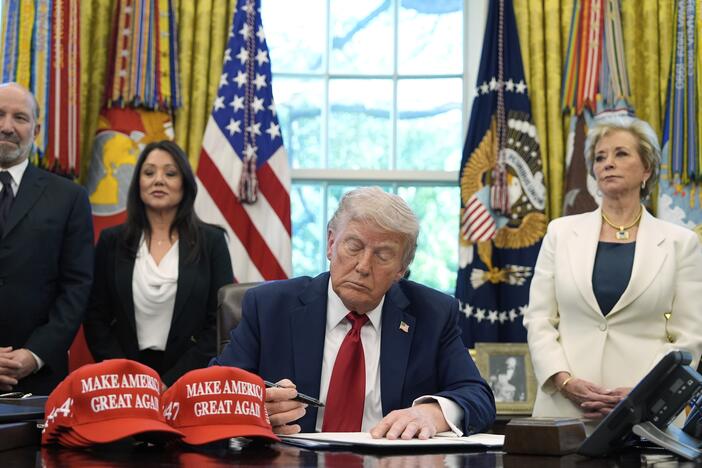President Donald Trump speaks to reporters in the Oval Office in February.
