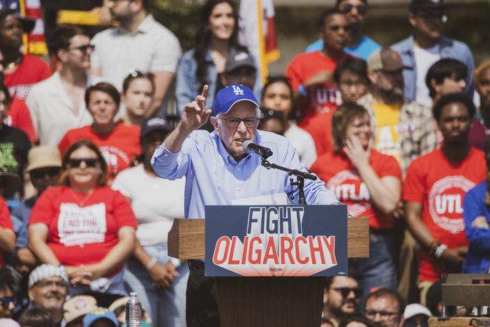 Sen. Bernie Sanders Speaks To A Crowd Of 36,000 At The Fighting Oligarchy Rally At Gloria Molina Grand Park In Downtown Los Angeles On April 12, 2025.