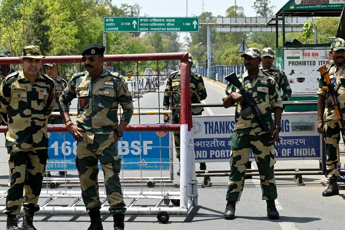 Indian Border Security Force (BSF) soldiers stand guard at the India-Pakistan Wagah border post on the outskirts of Amritsar on April 24. At least 26 people were killed April 22 in Indian-administered Kashmir when gunmen opened fire on tourists, in the region's deadliest attack on civilians since 2000.