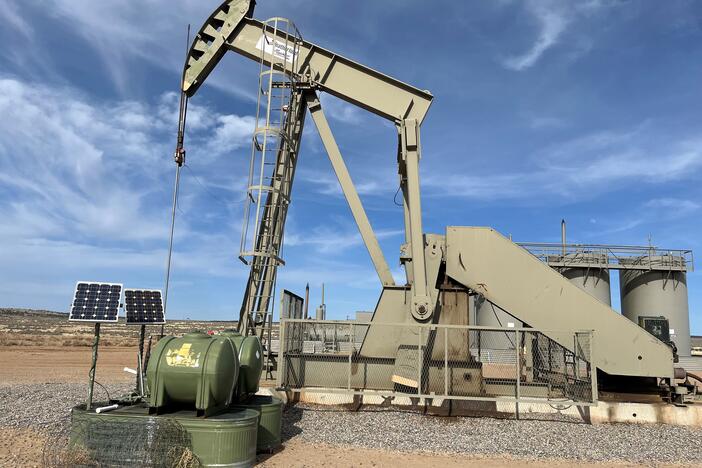 A pump jack in New Mexico's San Juan Basin. This is one of the country's oldest federal lands drilling areas. Many oil company executives celebrated Donald Trump's return to the White House. But now expectations of higher profits are fading amid fears of a recession.