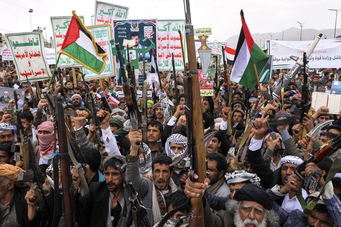 Houthi supporters chant slogans during a weekly, anti-U.S. and anti-Israel rally in Sanaa, Yemen on Friday, April 18.
