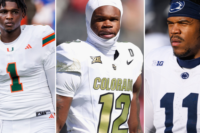 The 2025 NFL Draft gets underway Thursday night. Where will (left to right) Miami quarterback Cam Ward, Colorado wide receiver Travis Hunter, and Penn State defensive end Abdul Carter end up?