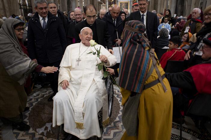 Pope Francis greets participants to the Living Nativity Scene at the Basilica of St. Mary Major on December 14, 2024 in Rome, Italy. He will be laid to rest in the Basilica after his funeral in the Vatican on Saturday.