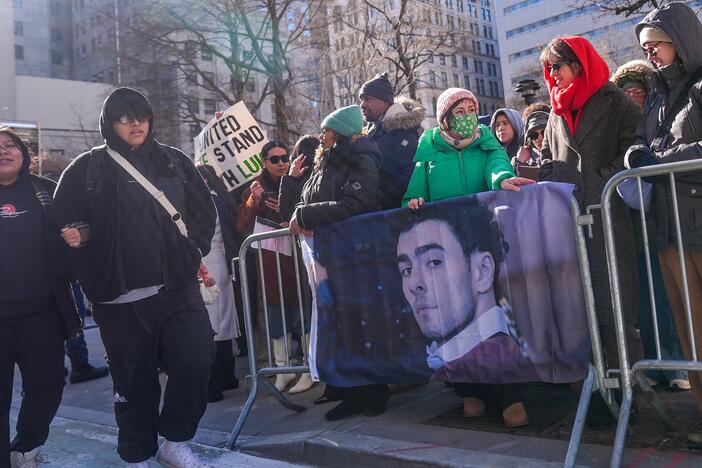 Luigi Mangione's supporters gathered outside Manhattan Criminal Court as he appeared in the court in New York City on Feb. 21.