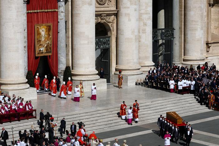 The coffin of Pope Francis is carried during the funeral Mass of Pope Francis in St. Peter's Square at the Vatican, April 26, 2025.