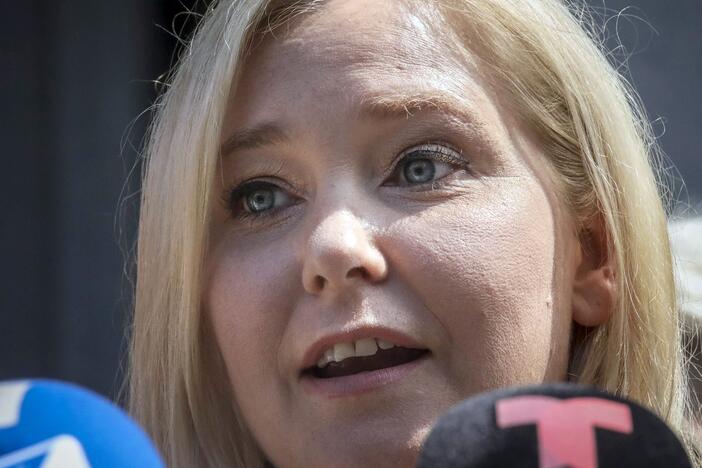 Virginia Giuffre speaks during a news conference outside a Manhattan court in New York, Aug. 27, 2019.