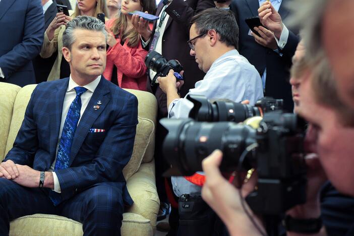 Secretary of Defense Pete Hegseth attends an Oval Office meeting with President Trump and Norway's Prime Minister Jonas Gahr Store at the Oval Office on April 24.