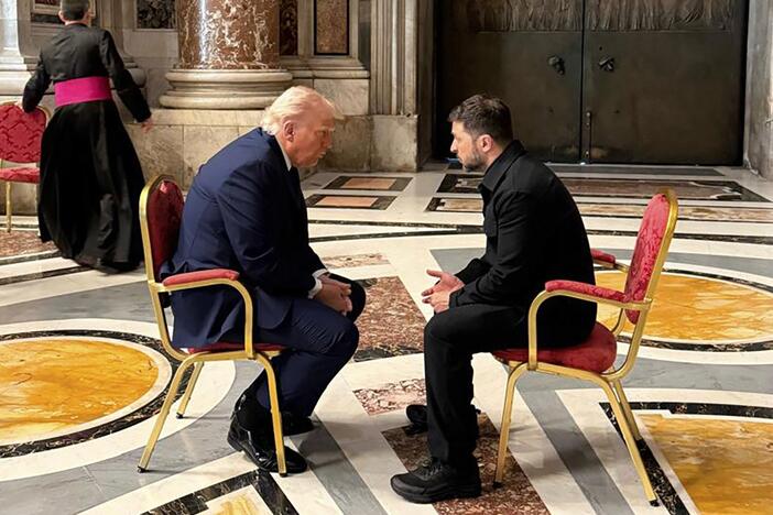 Ukraine's President Volodymyr Zelenskyy (right) and President Trump talk as they attend the funeral of Pope Francis at the Vatican on Saturday.
