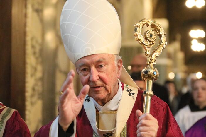 Cardinal Vincent Nichols after officiating the solemn requiem at The Metropolitan Cathedral of the Most Precious Blood, informally known as Westminster Cathedral on April 21, 2025 in London, England.