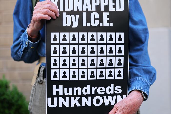 Demonstrators gather to protest on Thursday against the deportation of immigrants to El Salvador outside the Permanent Mission of El Salvador to the United Nations in New York City.