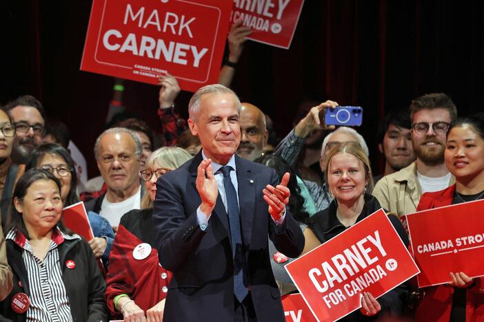 Canada's Prime Minister and Liberal Party leader Mark Carney applauds at a victory party in Ottawa, Ontario on April 29, 2025.