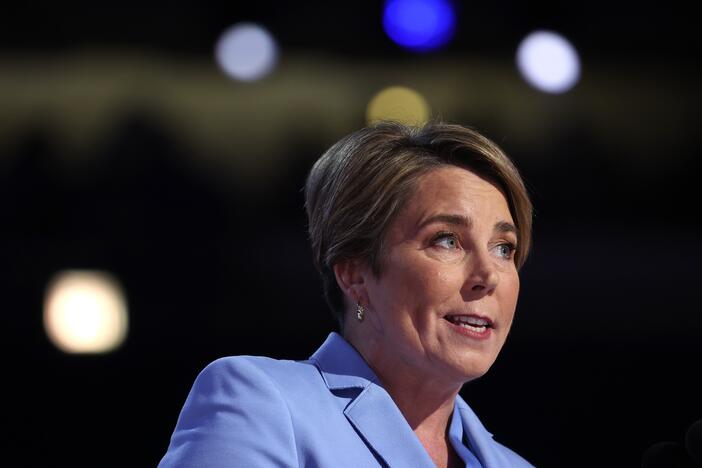 Massachusetts Gov. Maura Healey speaks on stage during the final day of the Democratic National Convention at the United Center on August 22, 2024 in Chicago, Ill.