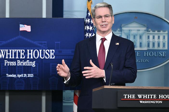 Treasury Secretary Scott Bessent speaks to reporters at the White House on April 29, 2025.