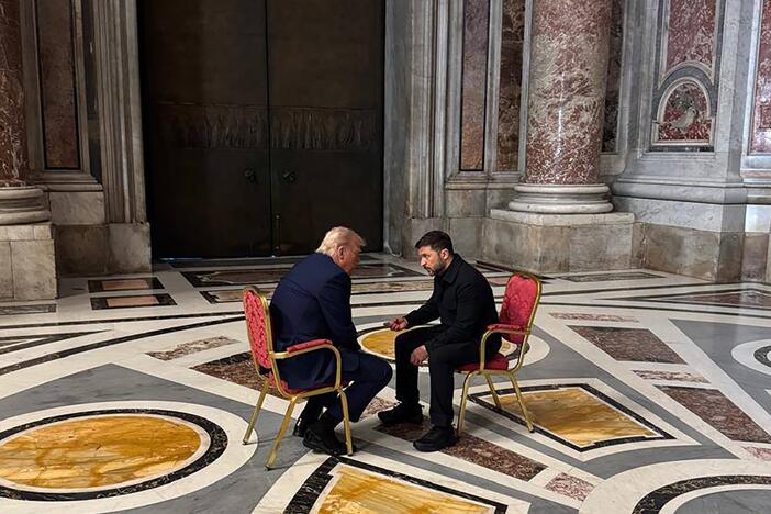 A photo provided by the Ukrainian Presidential Press Office shows Ukrainian President Volodymyr Zelenskyy (right) and President Trump, talking as they attend the funeral of Pope Francis in the Vatican, April 26.