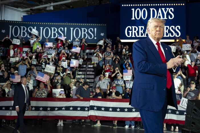 President Trump arrives to speak on his first 100 days at Macomb County Community College Sports Expo Center on April 29 in Warren, Mich.