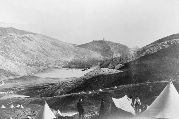 The camp of the British Foot Guards at Balaklava during the Crimean War, 1855.