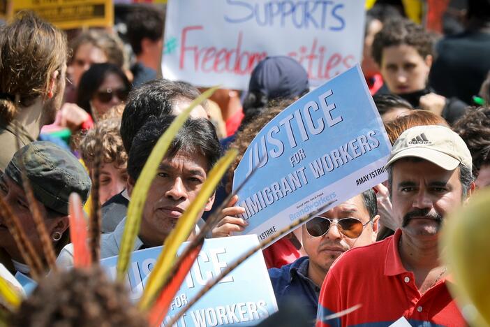 People participate in a May Day rally in New York on May 1, 2017, to protest President Trump's anti-immigrant agenda during his first White House term. This year, May Day protests in the U.S. are expected to draw bigger crowds in more places.