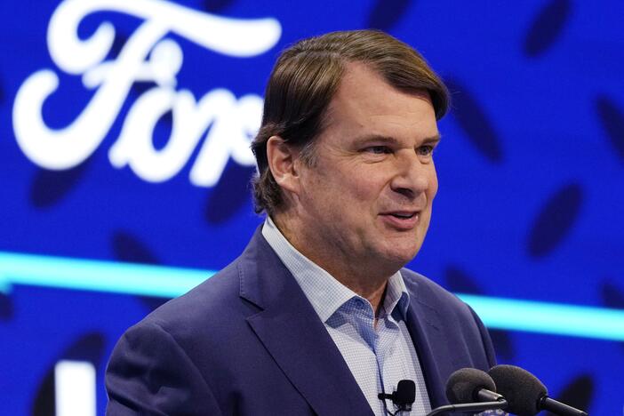 Ford Motor CEO Jim Farley announces the automaker's new BlueOval Battery Park in February 2023.