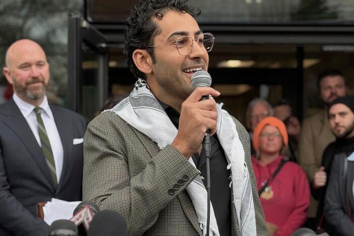 Mohsen Mahdawi speaks outside a Vermont courthouse after a judge released the Palestinian student activist on Wednesday, April 30, in Burlington, Vt.