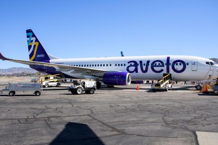 An Avelo Airlines jet on the tarmac at Hollywood Burbank Airport in 2021. The budget airline is set to begin operating deportation flights next month for Immigration and Customs Enforcement.
