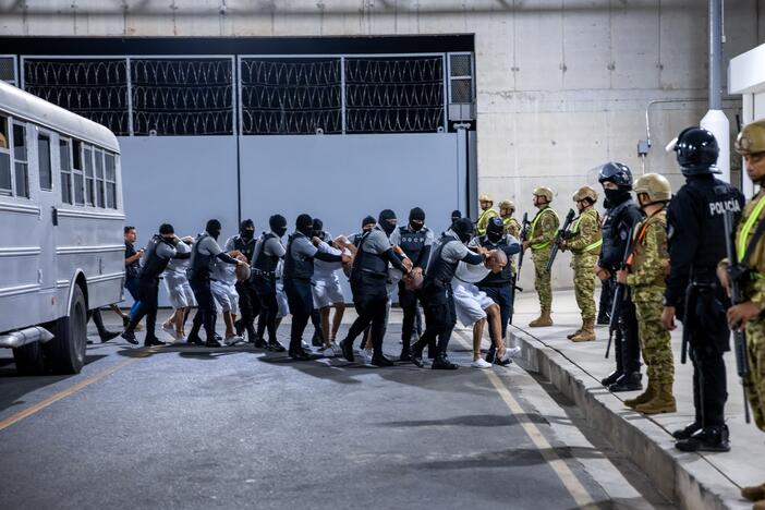 17 alleged members of Venezuela's Tren de Aragua gang and members of the MS-13 gang, who were deported to El Salvador by the US in San Salvador, El Salvador on March 31, 2025.