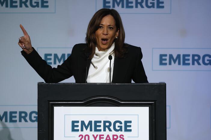 Former Vice President Kamala Harris delivers a keynote address at a gala for Emerge America on April 30, 2025 in San Francisco.