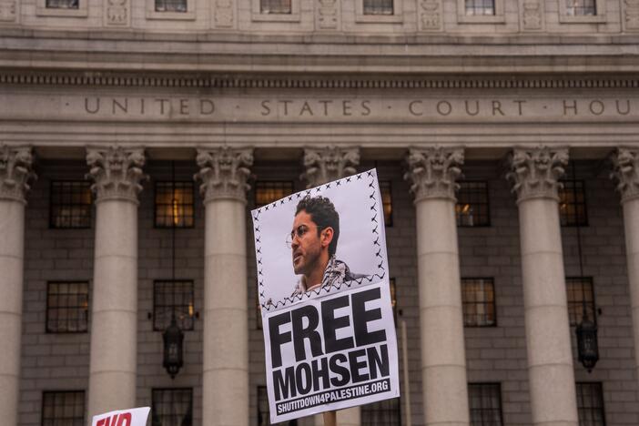 Pro-Palestinian activists rally for Mohsen Mahdawi and protest against deportations outside of ICE headquarters in New York City on April 15. Mahdawi, an organizer of pro-Palestinian demonstrations last year at Columbia University, was detained by the Department of Homeland Security during his naturalization interview in Vermont.