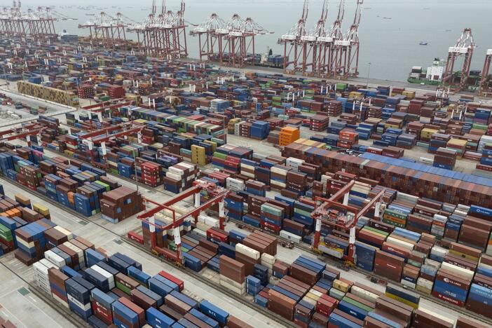 Shipping containers are seen ready for transport at the Guangzhou Port in the Nansha district in southern China's Guangdong province in April.