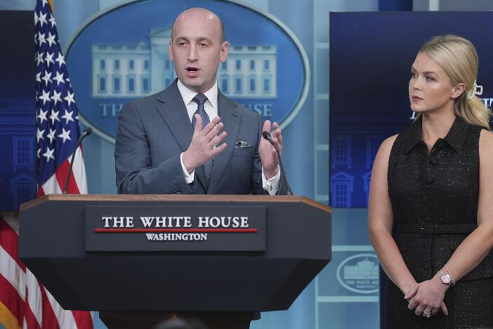 White House Deputy Chief of Staff Stephen Miller called gender-affirming care for children "barbaric" at a press conference on Thursday. Press secretary Karoline Leavitt looks on.
