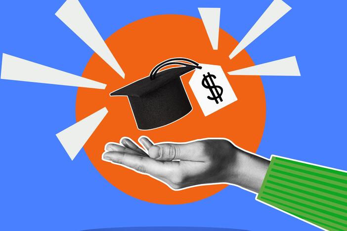 Concept of financial literacy and education. Human hand and graduation cap with dollar sign. Collage.