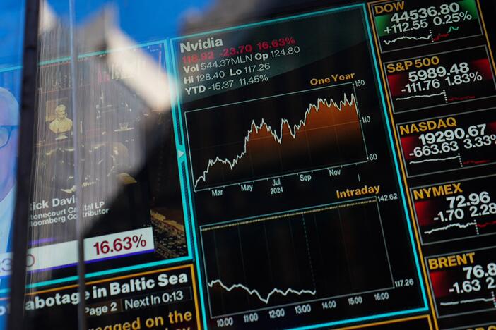 Television graphics are seen in the window of Nasdaq headquarters in Times Square in New York City on a morning in January when the Nasdaq was falling.