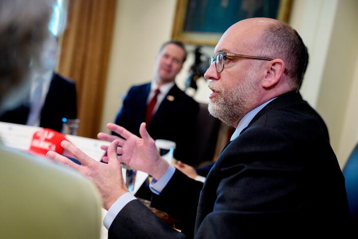 Office of Management and Budget Director Russ Vought speaks during a Cabinet meeting at the White House on April 30, 2025.