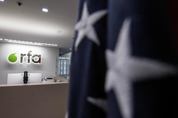 The receptionist desk sits empty at Radio Free Asia, Tuesday, April 1, 2025, in Washington, D.C.