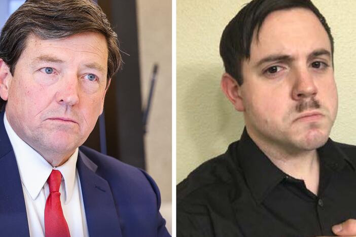 Left: Interim U.S. Attorney for the District of Columbia Edward Martin during an Anacostia Coordinating Council monthly meeting in Washington, D.C., on March 25. Right: Timothy Hale-Cusanelli with a mustache resembling Adolf Hitler's in photos recovered from his cellphone by the Department of Justice.