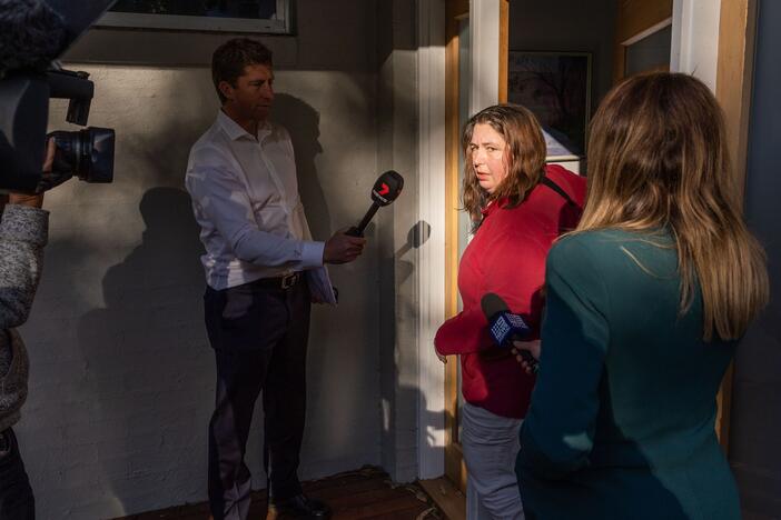 Erin Patterson speaks to media at her home in Leongatha, Victoria, in August 2023.