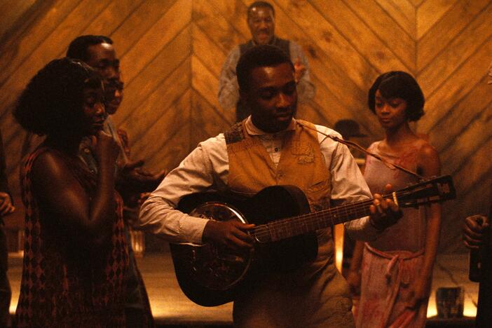 Miles Caton as aspiring bluesman Sammie Moore in a pivotal scene from <em>Sinners</em>.